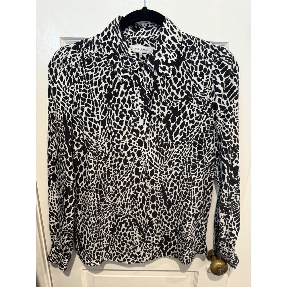 FRAME Silk Animal Print Blouse Black White‎ Long Sleeve Button Down Top XS
